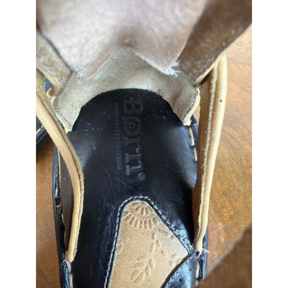Born Black Leather Peep Toe Sandals Tan Piping Contrast Stitch Heel Size 10 - Picture 6 of 11